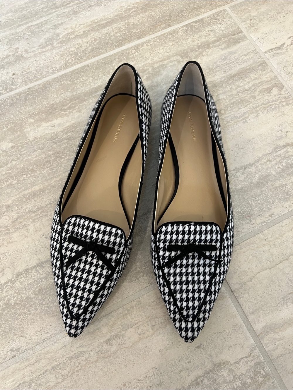Ann Taylor Black and White Houndstooth Pointed Toe Loafers